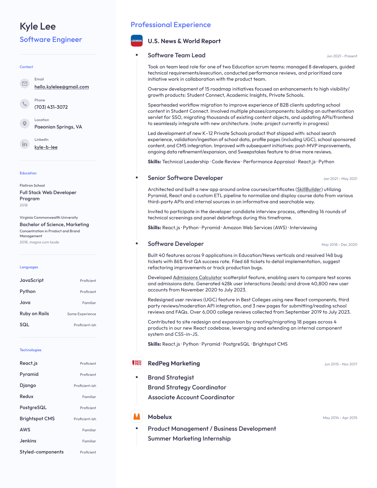 Kyle Lee's resume.